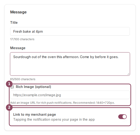 The Message card showing Title and Message fields above a Rich Image URL field and a Link to my merchant page switch that is turned on