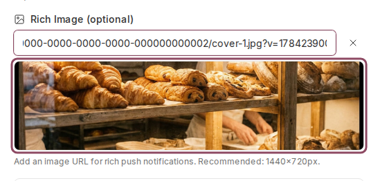 The Rich Image field with an image address pasted in and a photograph of a bakery counter shown as a thumbnail beneath it