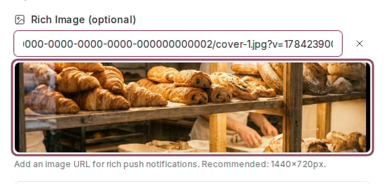 The Rich Image field with an image address pasted in and a photograph of a bakery counter shown as a thumbnail beneath it