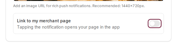 The Link to my merchant page row with its switch in the off position