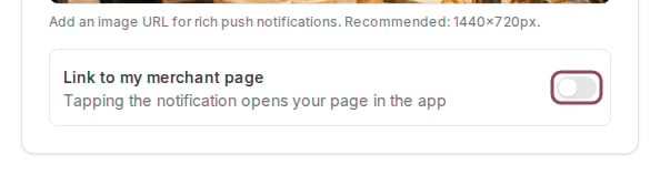 The Link to my merchant page row with its switch in the off position