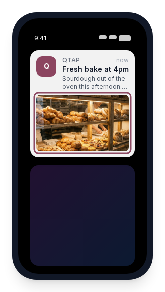 The phone preview showing a notification with title, message, and a bakery photograph beneath it