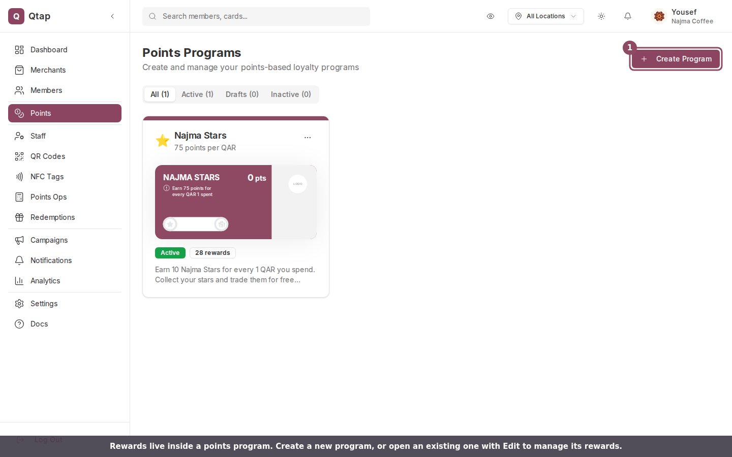 Points Programs page with the Create Program button highlighted