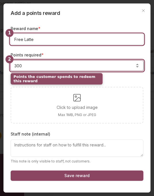 The Add a points reward editor with a reward name and points cost filled in