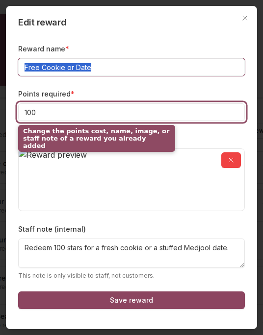 The Edit reward dialog showing an existing reward's name and points cost