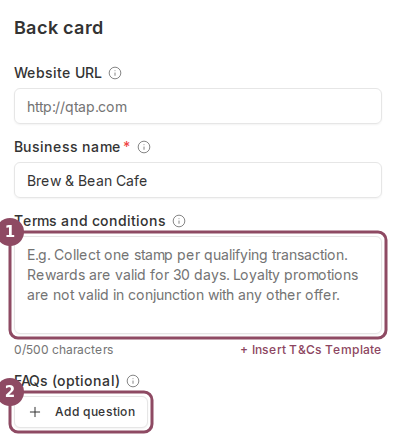 The Back card section of the Card Design step, with the Terms and conditions text box and the Add question button highlighted