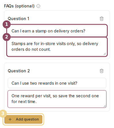 The FAQs editor showing two question and answer pairs and the Add question button