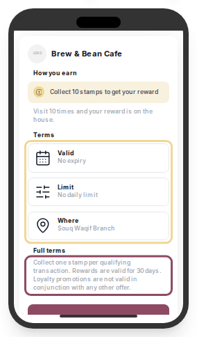 The card details sheet preview showing the How you earn line, the Valid, Limit, and Where rows, and the full terms text