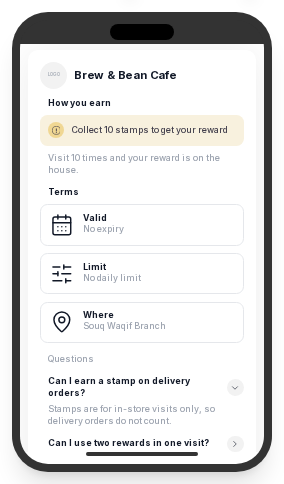 The card details sheet showing two questions as tappable rows below the Terms block