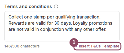 The Terms and conditions box filled with sample text, with the Insert T&Cs Template link highlighted