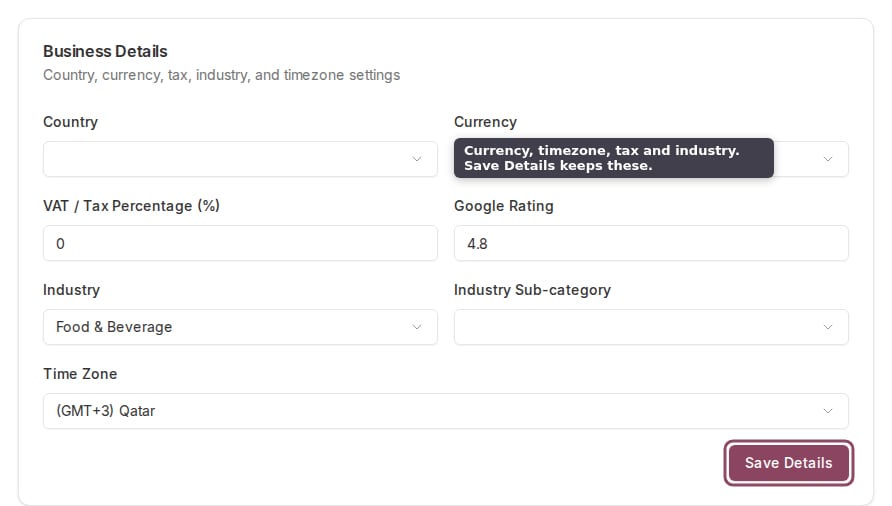 Business Details card with country, currency, tax, industry, and timezone fields