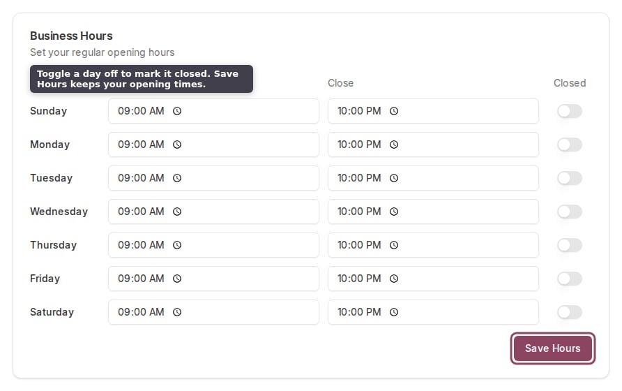 Business Hours editor with a row of open and close times for each day