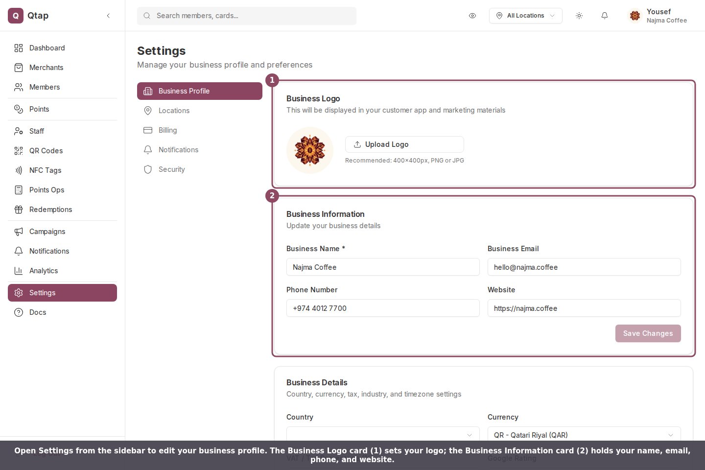Settings page showing the Business Logo and Business Information cards