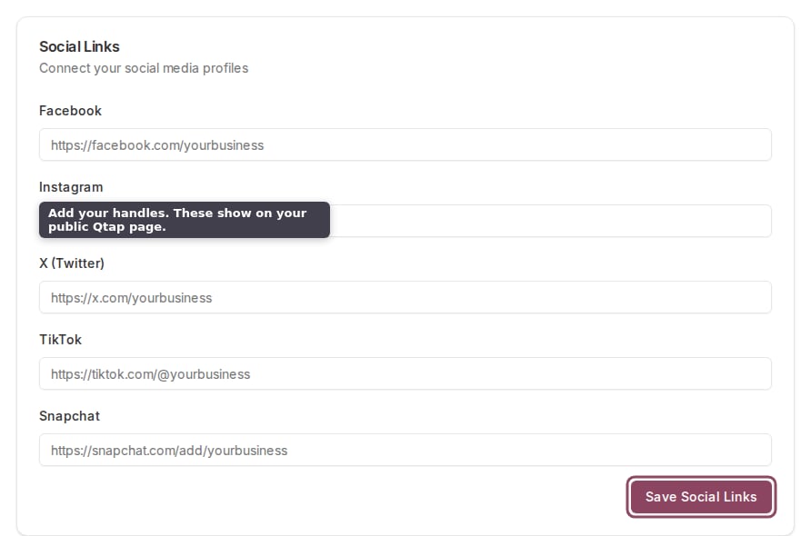 Social Links form with fields for each social platform
