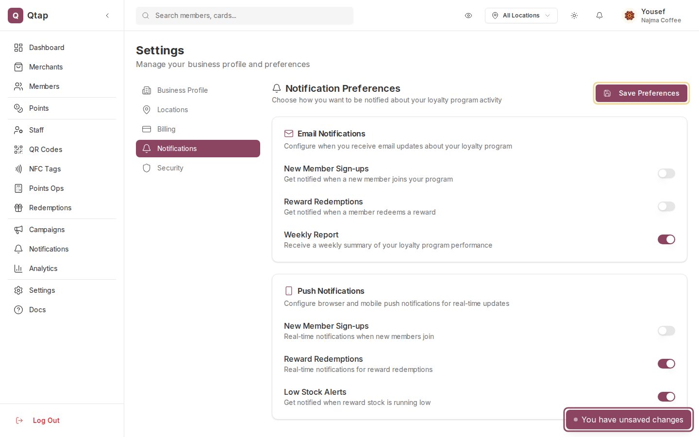 The page after a toggle change, with the Save Preferences button active and an unsaved-changes banner in the bottom right