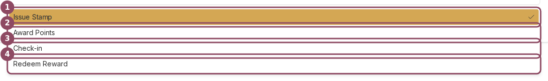 Action dropdown showing Issue Stamp, Award Points, Check-in, and Redeem Reward