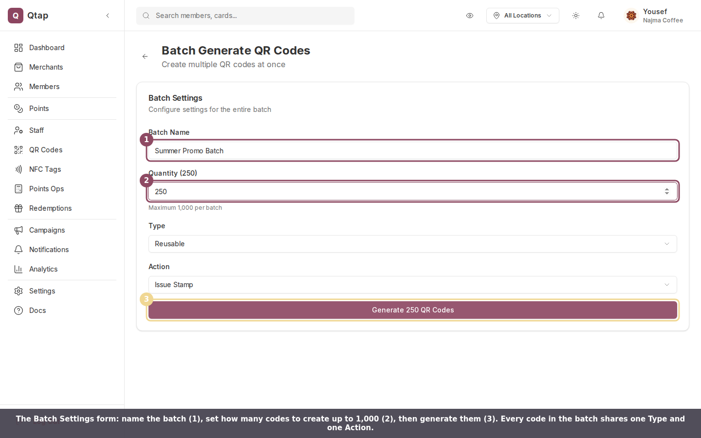 Batch Generate QR Codes form with the Batch Name, Quantity, and Generate button highlighted