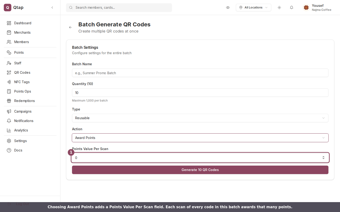 Batch form with Award Points selected and the Points Value Per Scan field shown