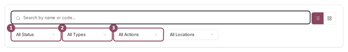 The QR Codes filter row showing the status, type, and action dropdowns and the search box