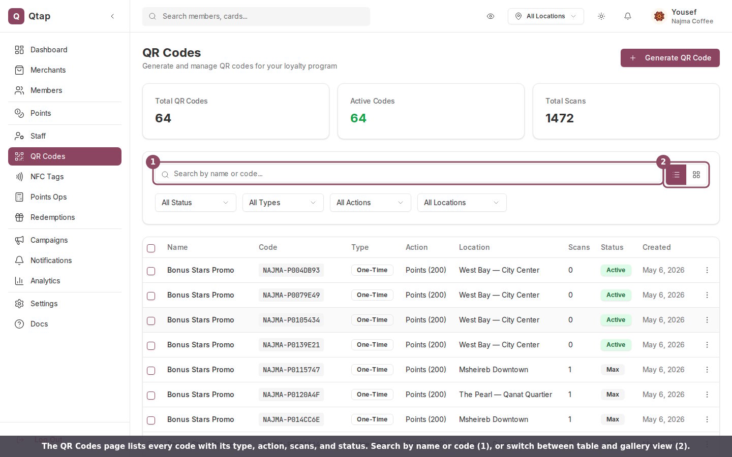 The QR Codes page listing all codes with their type, action, scans, and status