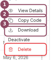 The QR code row menu showing View Details, Copy Code, Download, Deactivate, and Delete
