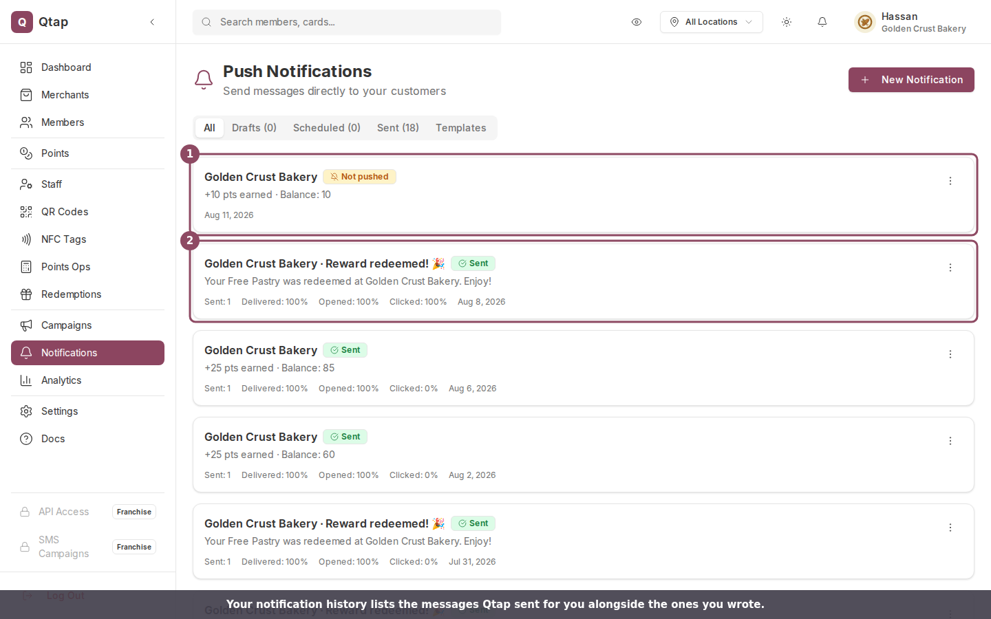 The Push Notifications page listing automatic messages such as points earned and Reward redeemed, with pushed rows showing Sent: 1