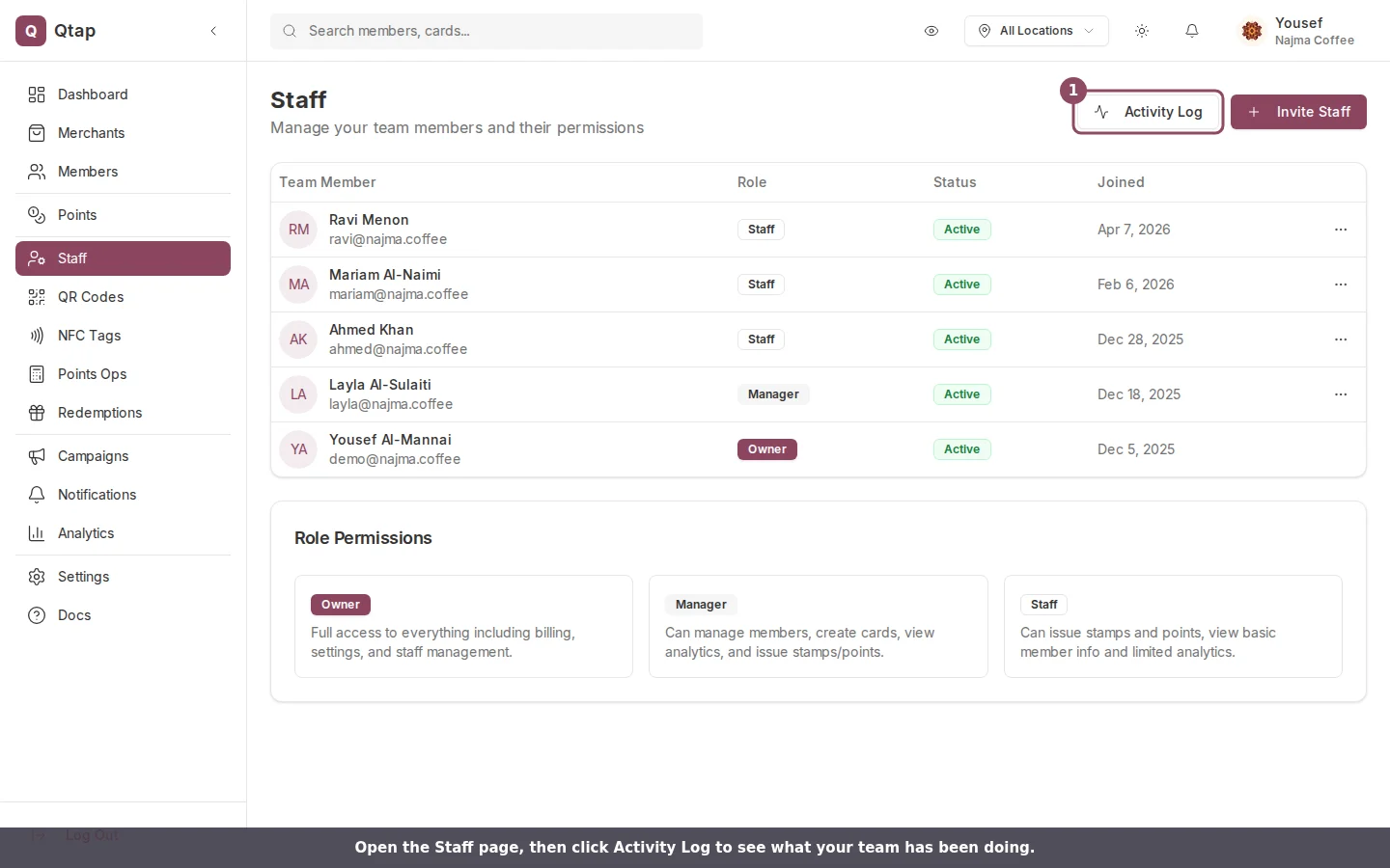 The Staff page with the Activity Log button highlighted