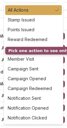 The Action Type filter open, listing the action types you can choose