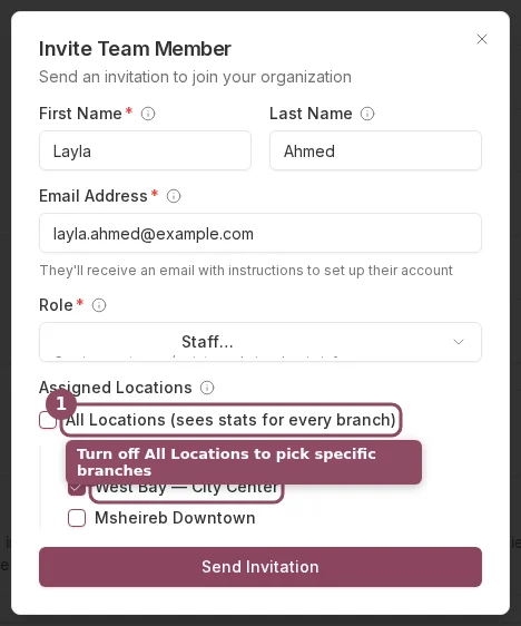 The Invite Team Member dialog with All Locations turned off and one branch ticked