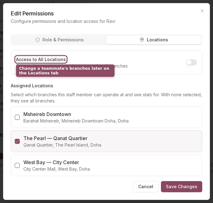 The Locations tab of the Edit Permissions dialog showing the Access to All Locations toggle and a list of branches