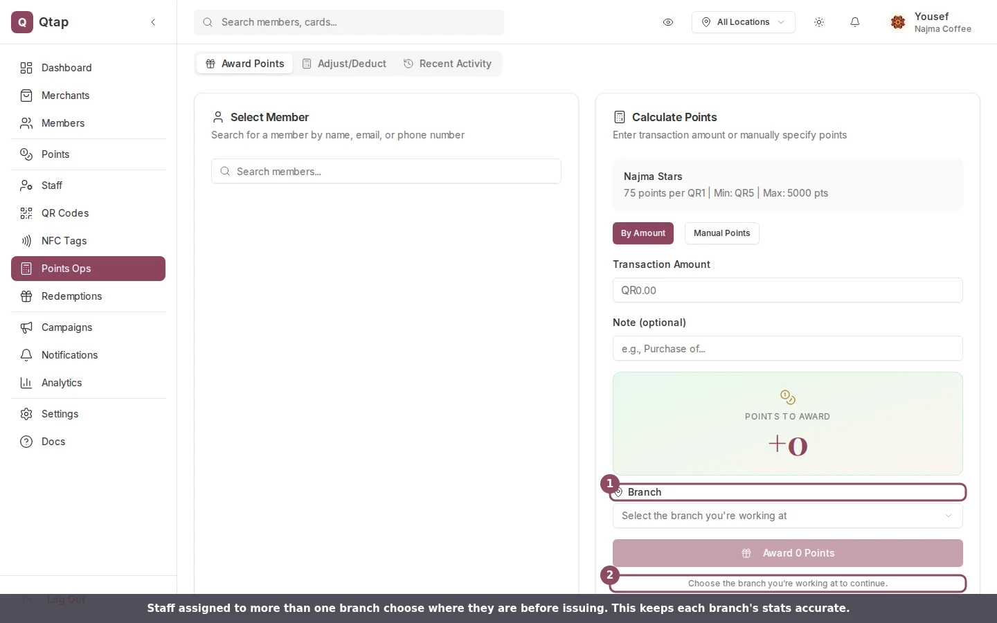 The Points Operations screen with the Branch selector and a greyed-out Award Points button