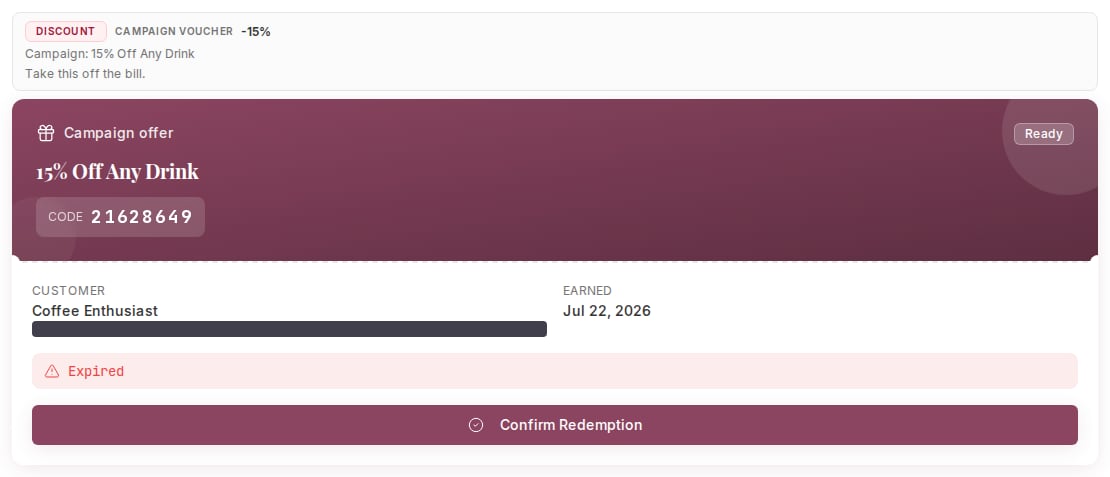 A campaign voucher for 15% Off Any Drink loaded from a code, labelled Discount and Campaign Voucher, with the customer email redacted