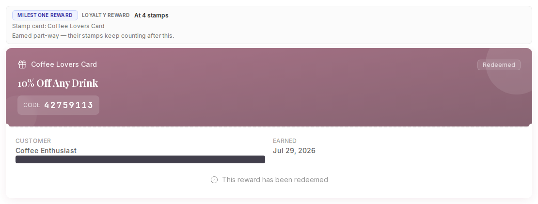 A redeemed reward voucher showing a Redeemed badge and the message This reward has been redeemed