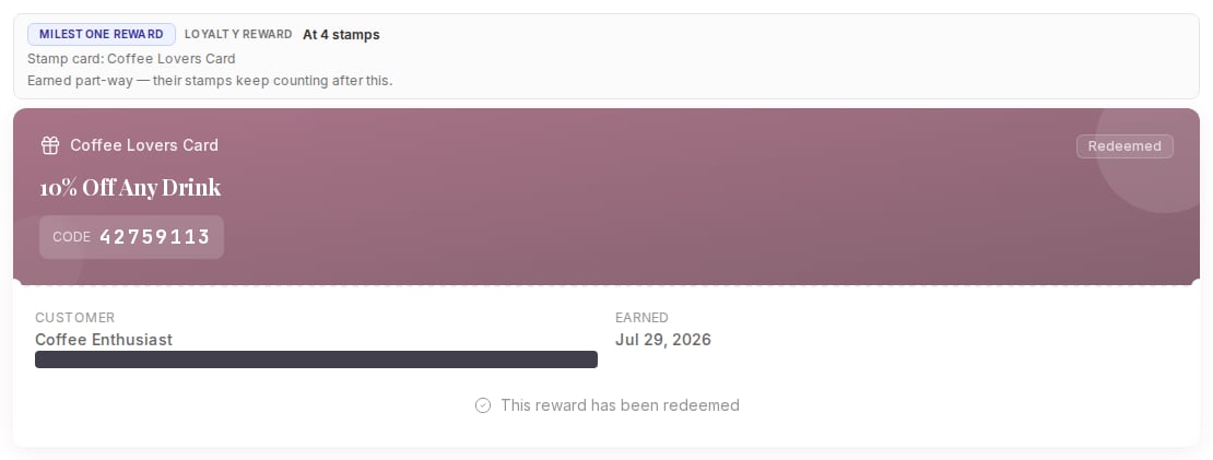 A redeemed reward voucher showing a Redeemed badge and the message This reward has been redeemed