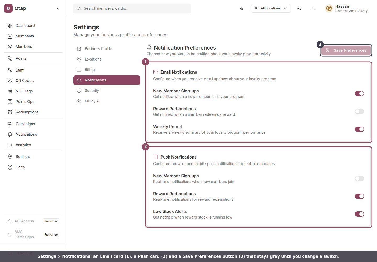 The Notification Preferences page showing the Email Notifications card, the Push Notifications card, and the Save Preferences button