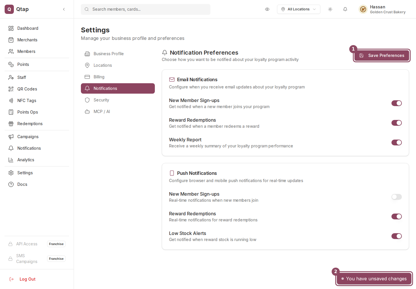 The page after a switch change, with Save Preferences active and an unsaved-changes marker in the bottom right corner