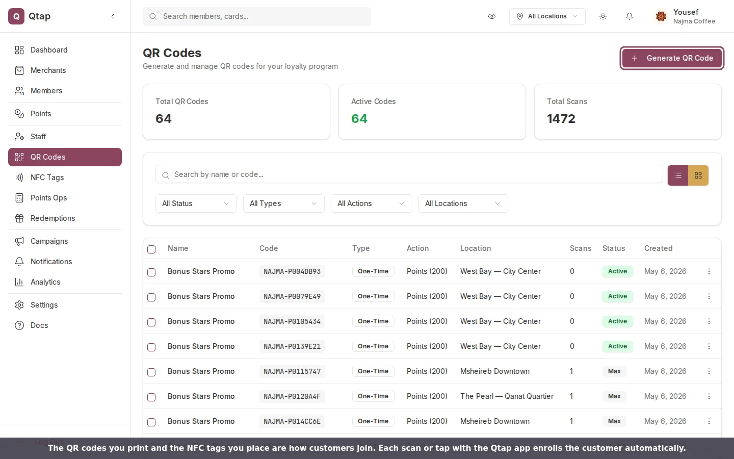 The QR Codes page showing generated codes with scan counts and a Generate QR Code button