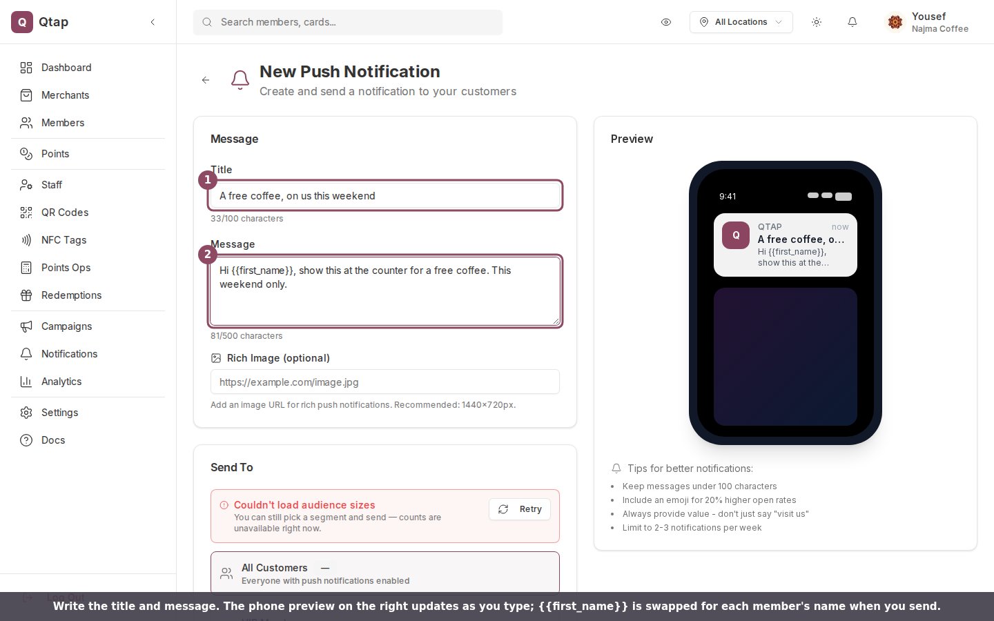 New Push Notification form with the Title and Message fields filled and a phone preview of how the notification appears on a member's phone.