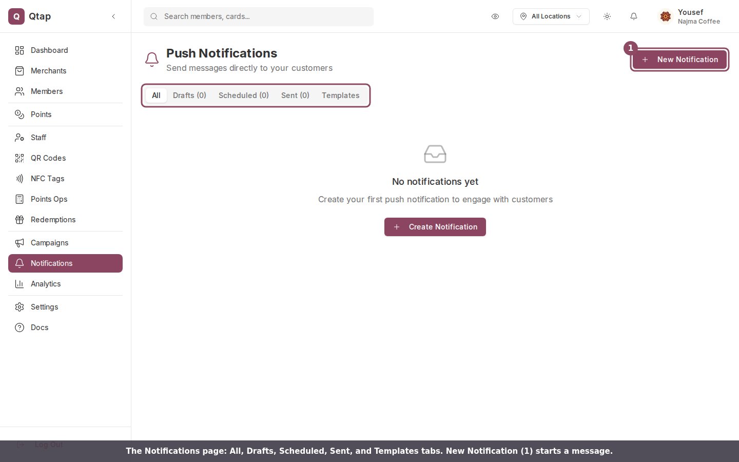 Push Notifications page showing the All, Drafts, Scheduled, Sent, and Templates tabs and the New Notification button.