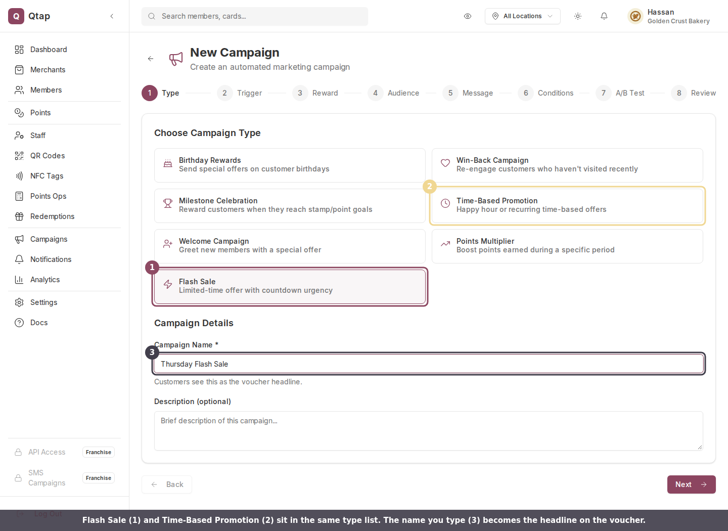 The campaign type step with Flash Sale and Time-Based Promotion highlighted