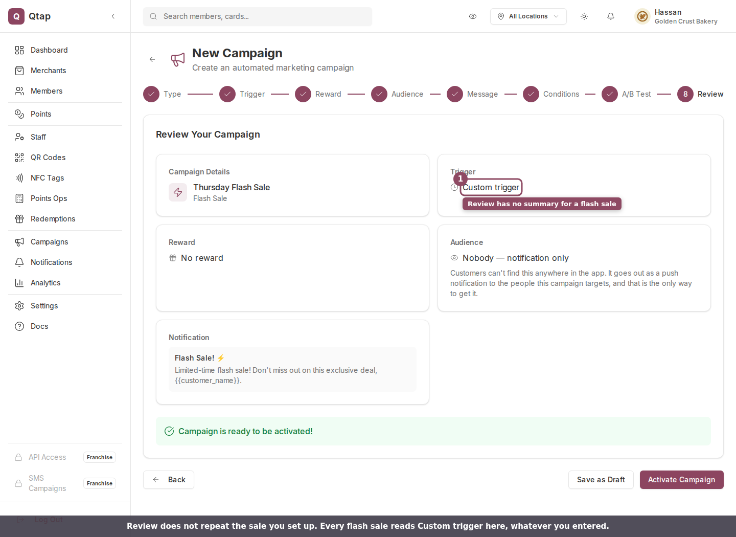 The Review step of a flash sale campaign showing Custom trigger on the trigger line