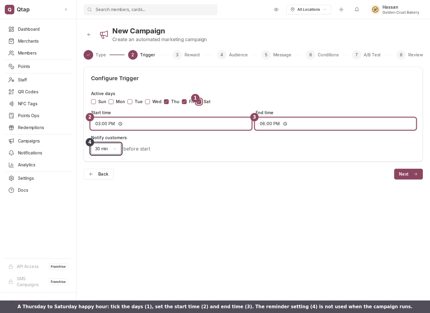 The Configure Trigger step for a time-based promotion, showing active days, start time, end time and the notify setting