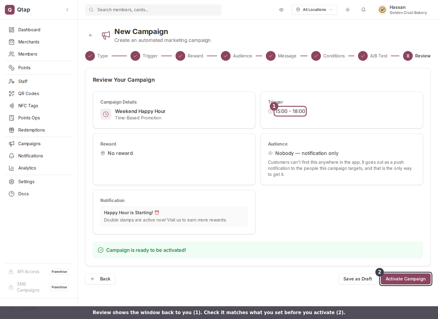 The Review step of a time-based promotion showing the trigger window 15:00 to 18:00