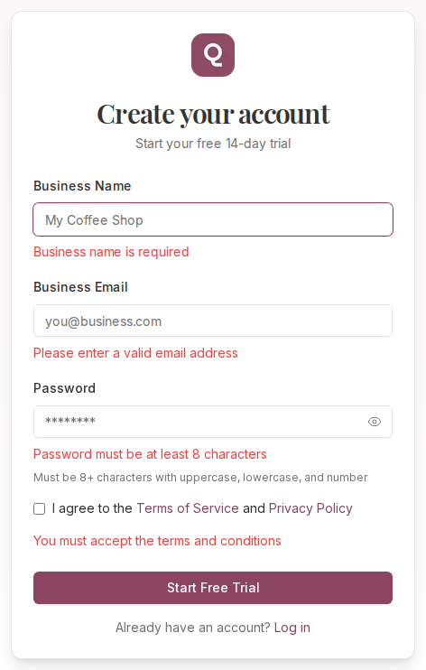 The signup form showing red validation messages under the business name, email, password and terms fields