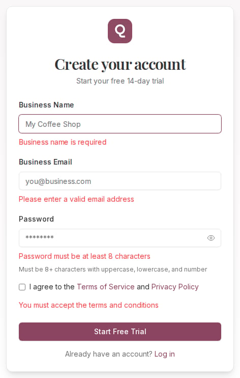 The signup form showing red validation messages under the business name, email, password and terms fields