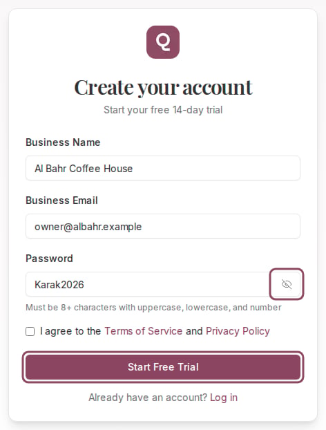The signup form filled in with a business name, email and visible password, with the eye toggle and Start Free Trial button outlined