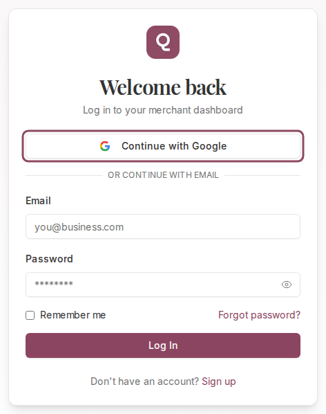 The Qtap login page with the Continue with Google button outlined