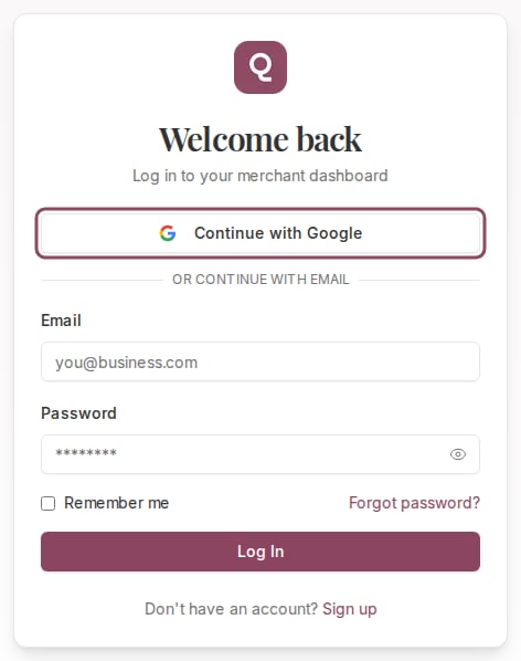 The Qtap login page with the Continue with Google button outlined