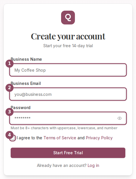 The Qtap Create your account form with the business name, business email, password and terms fields numbered