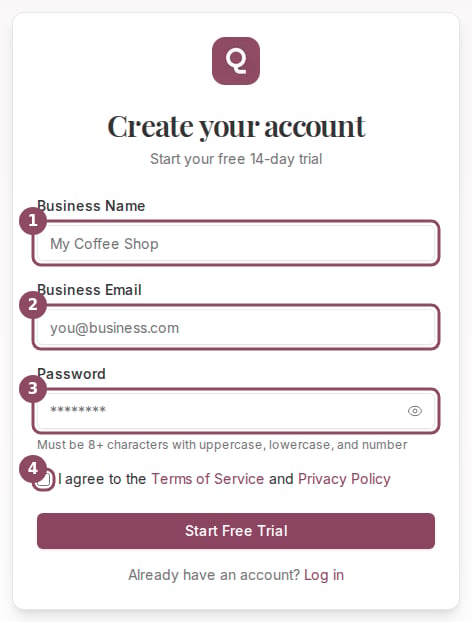 The Qtap Create your account form with the business name, business email, password and terms fields numbered